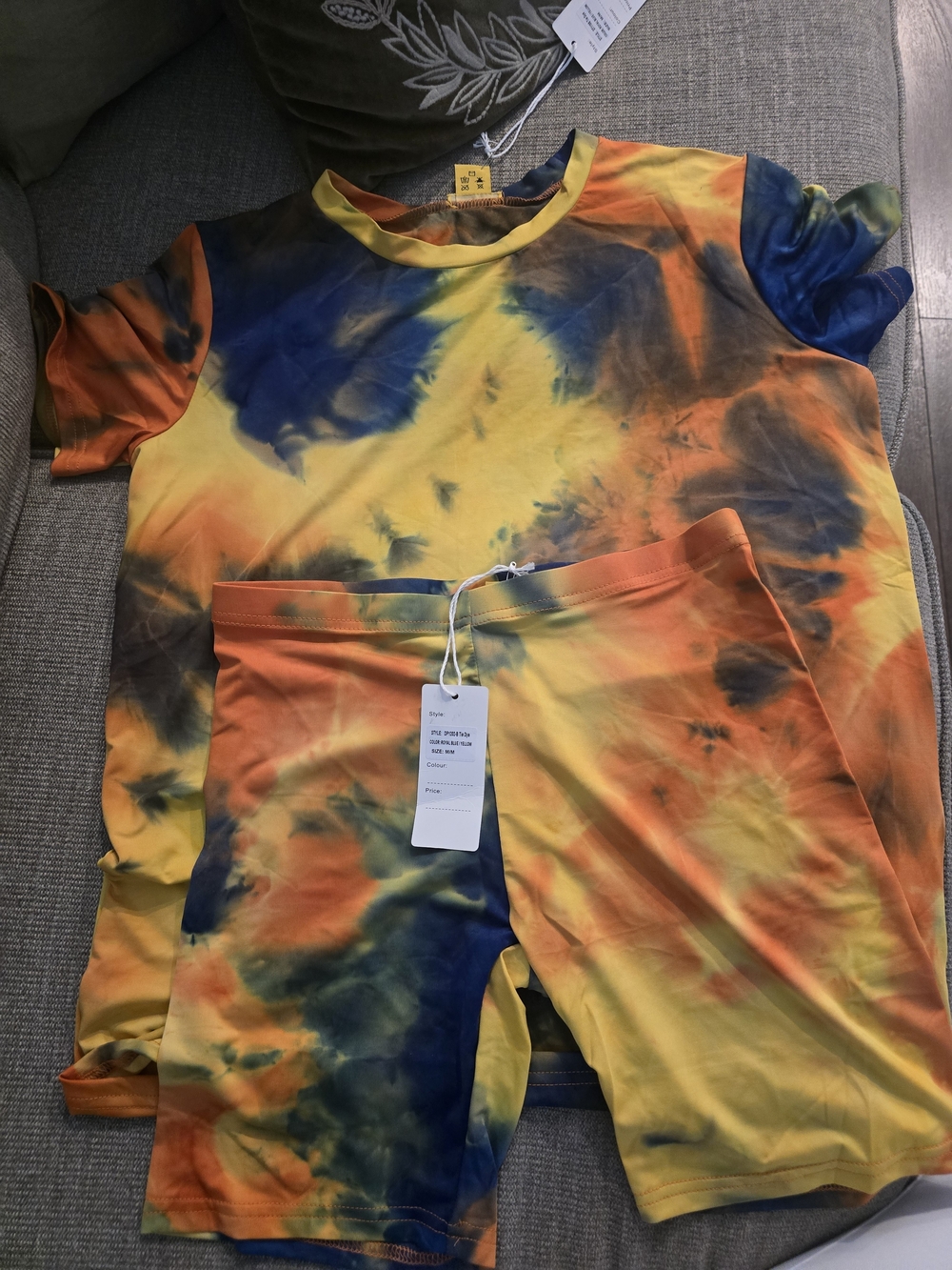 Tie-Dye Short Sleeve Top & Bike Shorts Set - Yellow, Orange, Blue